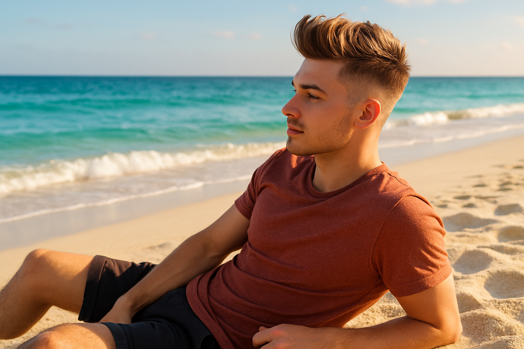 einer junger mann der eine schöne Frisur hat und am Strand liegt